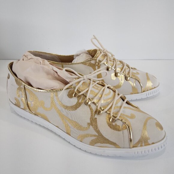 Charles Jourdan Paris Cream and Gold Lace Up Sneakers Size 7 - Picture 2 of 15